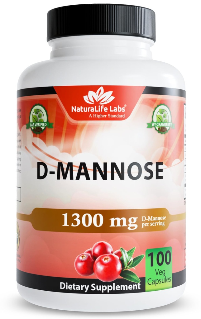 NaturaLife Labs אורגני D-Mannose 1300 מ"ג עם נוזל Cranberry לחלץ 100 מ"ג לשרת - 100 קפסולות - non-GMO, Gluten-Free, טבעוני