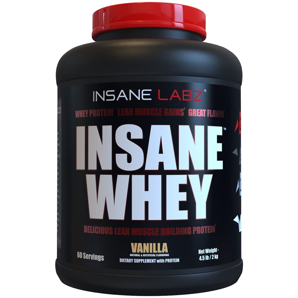 Insane Labz Insane Whey,100% שריר בניין Whey חלבון, Post Workout, BCAA Amino פרופיל, Mass Gainer, Mealחליף, 5lbs, 60 Srvgs, (Vanilla)