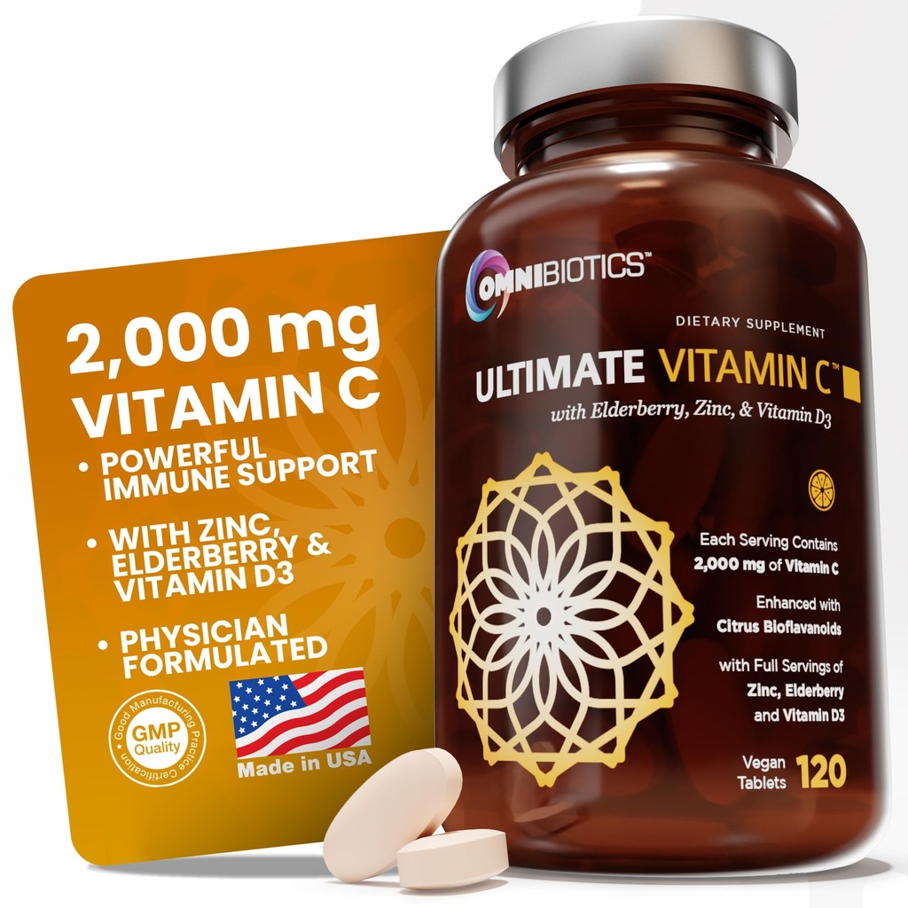 OmniBiotics Ultimate ויטמין C 2000 מ"ג - עם Zinc, Elderberry Extract, ו- D3 - High Potency Immune Support & Collagen Booster - 120 טבליות טבעוניות