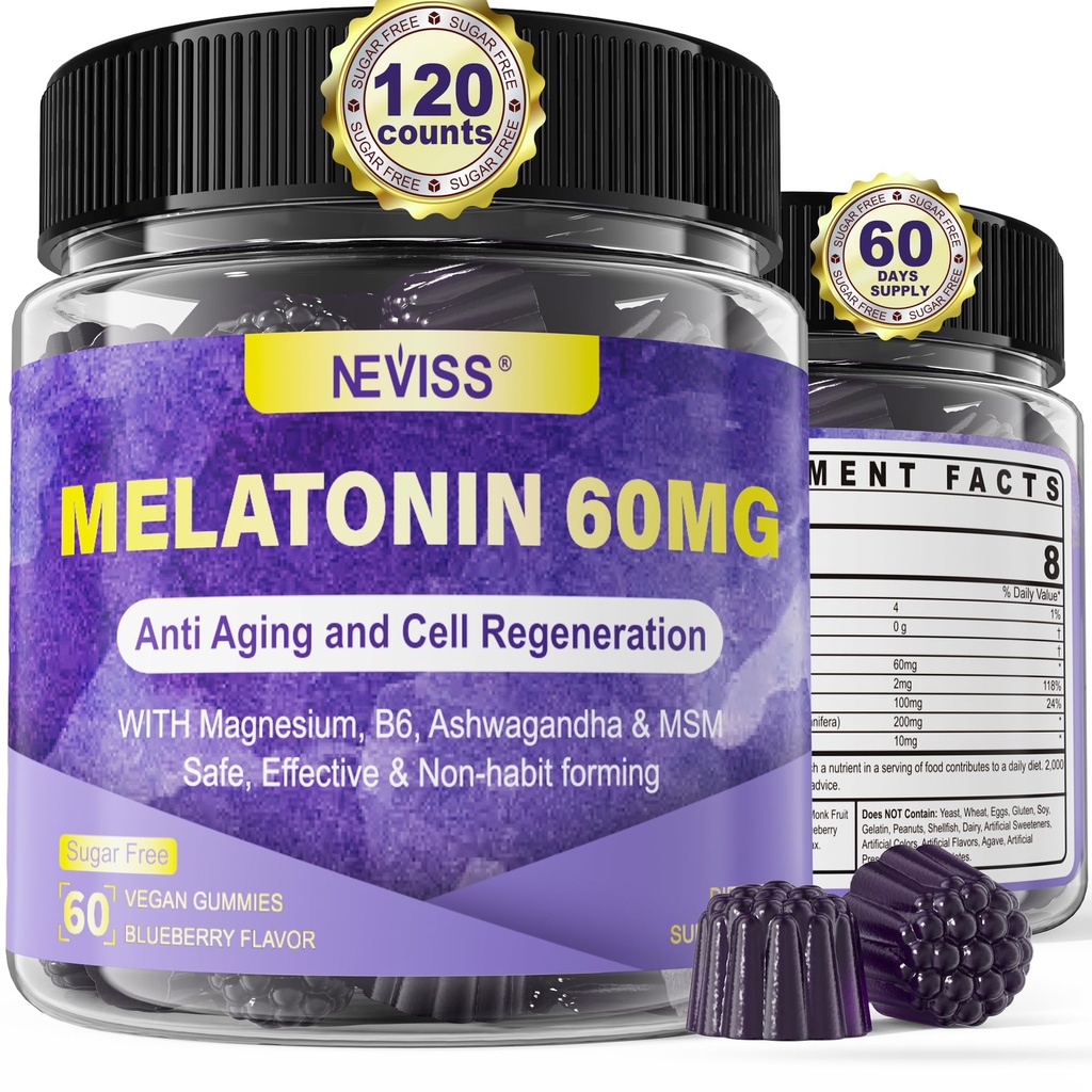 Antioxidant & Brain Support Melatonin 60mg 30 מ"ג עבור 50+ מבוגרים | High Dose Melatonin for Anti-Aging & Immune | תוספת כוח מלטונין חניכיים עם B6, Ashwagandha, Magnesium, MSM - 120 חניכיים