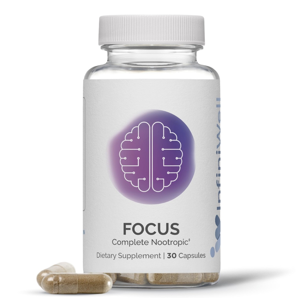 InfiniWell Focus תוסף - Break Through Nootropic - סיוע לבריאות המוח ותמיכה בזיכרון העבודה - אופטימיזציה יומית של עיבוד נוירולוגי, חדות נפש, אנרגיה ותפקוד קוגניטיבי (30 קפסולות)