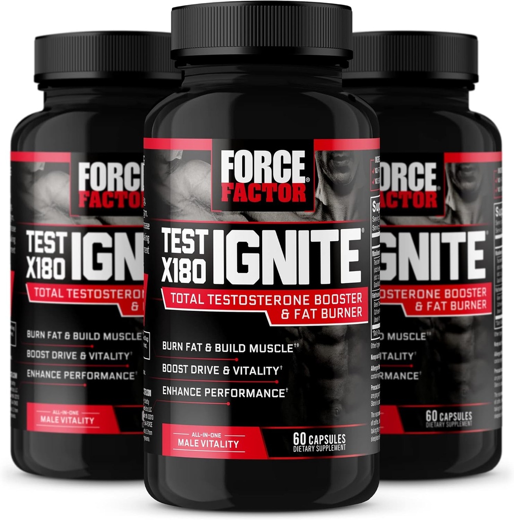 מבחן FACTOR X180 Ignite, טסטוסטרון Booster & Fat Burner עבור גברים, תוסף טסטוסטרון כדי לעזור לבנות שריר, להגדיל את האנרגיה, Boost Vitality and Performance, 60 Count (Pack of 3)