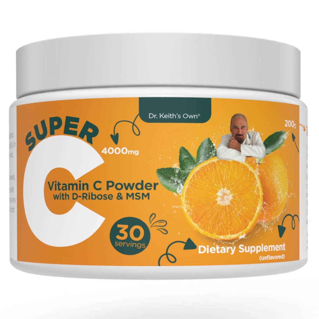 Dr. Keith's Own Super C- High Dose אבקת ויטמין C 4000 מ"ג עם D-Ribose, Glycine, MSM-ly Absorbable, Stomach-Friendly, Collagen Boost, Immune Support-Unflavored, 200 גרמים (30 משרתים)