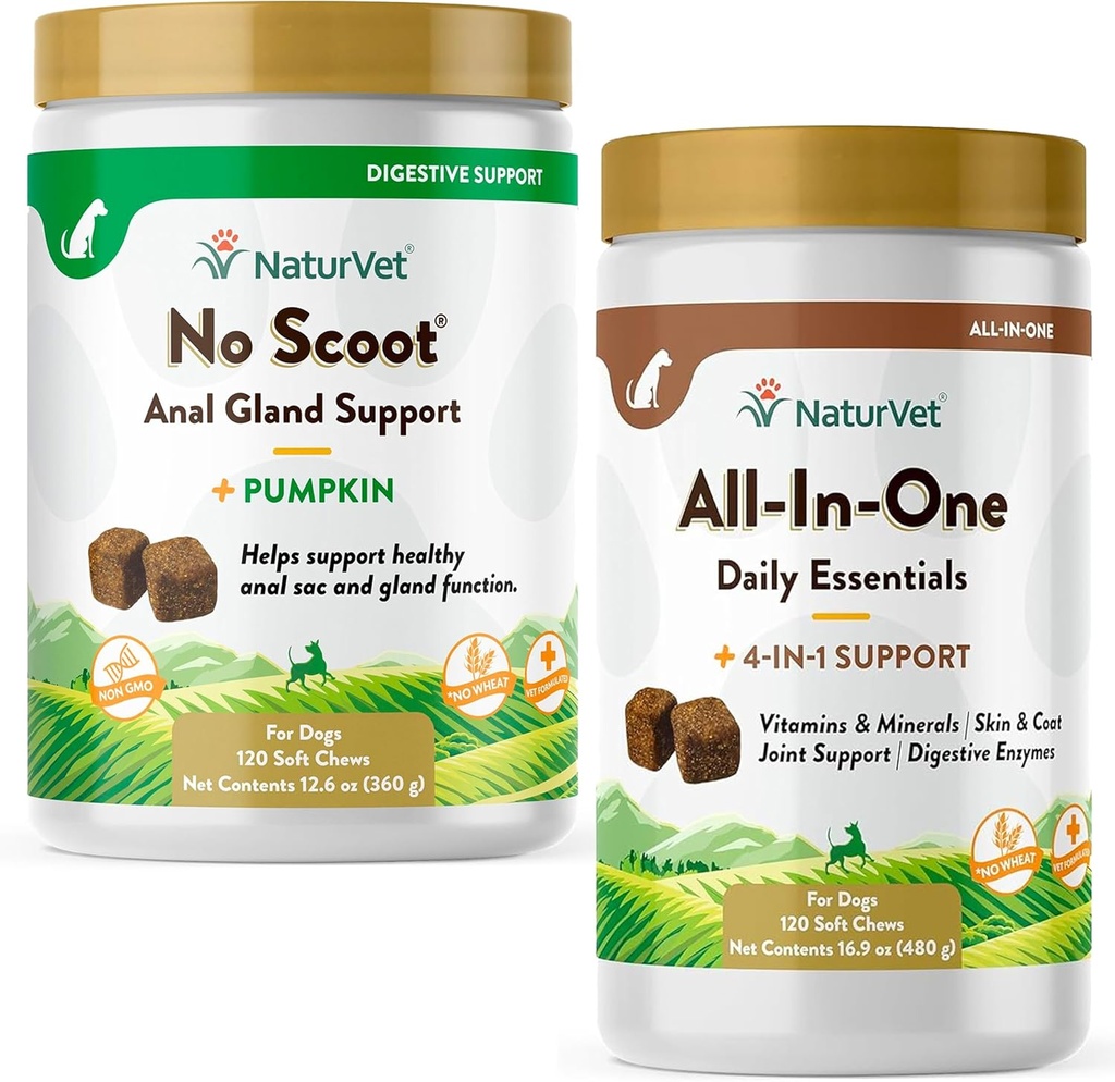 NaturVet All-in-One Dog Supplement - for Joint Support, Digest, Skin, Coat Care - 120 צ'אדות Soft Chews & No Scoot for Dogs - 120 צ'אוס Soft Chews - תומך ב-Gland & Bowel Function