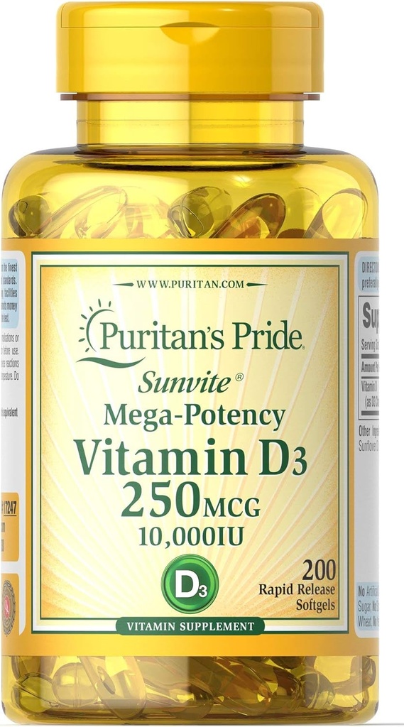 ויטמין הגאווה של Puritan D3 250 mcg (10,000 IU) Softgels, 200 הרוזן