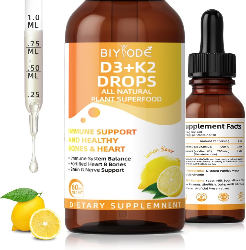 ויטמין D3 K2 נוזל טיפות - Liposomal 1000 IU D3 & 200 mcg K2 MK-7 - High Absorption, Immune, Bone & Heart Support, Non-GMO, Lemon Flavor, 60 מ"ל
