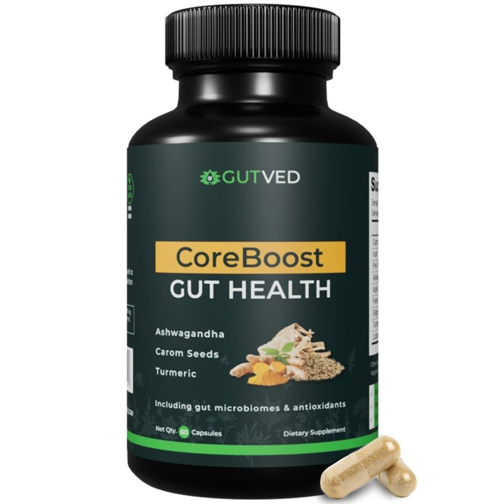תוספי בריאות Gutboost עם Ashwgandha, Carom Seeds, Turmeric - Prebiotics ו Probiotics for Women & Men - 2 מיליארד CFU - הטוב ביותר עבור בריאות, Bloating הקלה, Gas Reduction