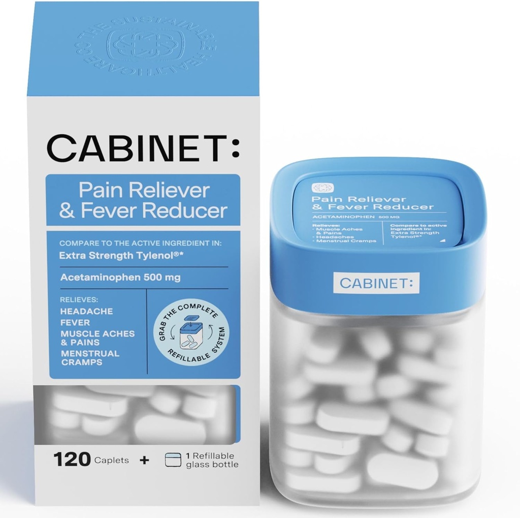 הקבינט: 500 מ"ג Acetaminophen for Headache Relief, Toothaches, Soreגרון, ו- Fever, כולל 1 Refillable Medicine Jar, 120 טבליות (Starter Kit)