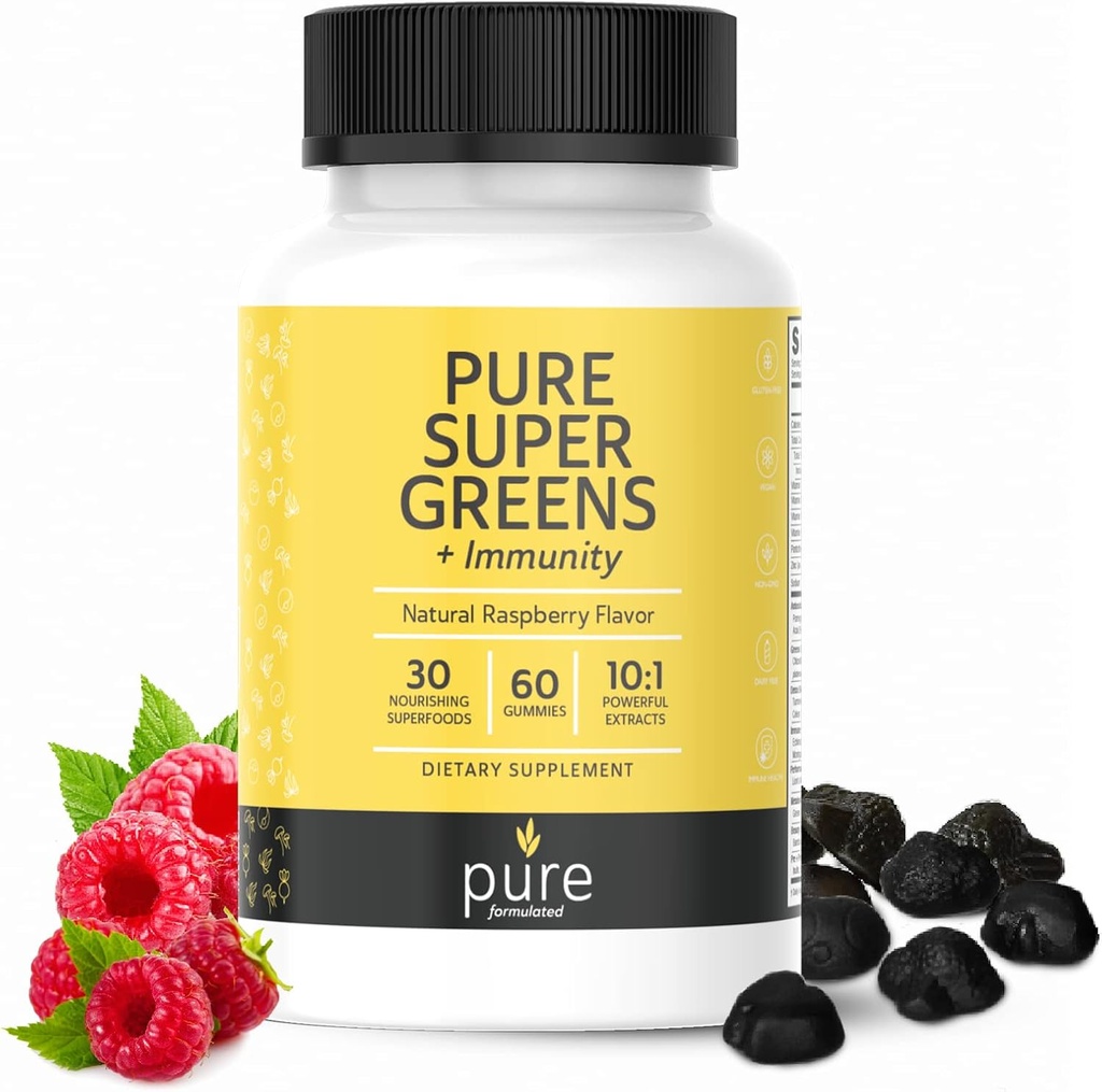 Super Greens Multivitamin Gummies for Adults and Kids Immune Support Gummies - 30 Superfoods טבעוני תוספת - Natural Raspberry Flavor (60 Count)