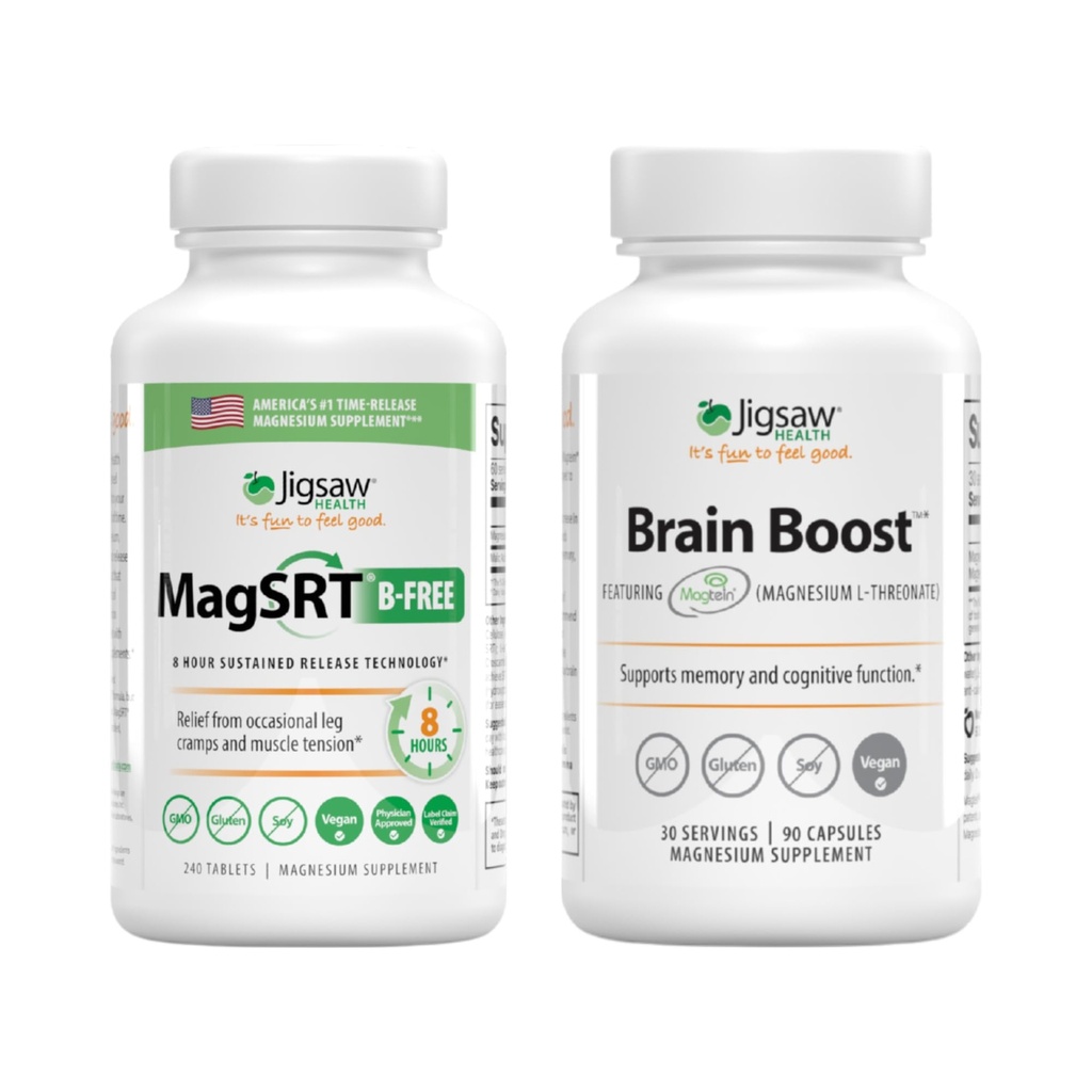 Jigsaw Health Magnesium Bundle | MagSRT (B-Free), 240 טבליות ו- Brain Boost, 90 קפסולות