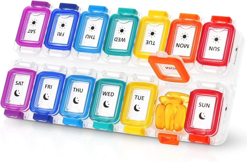 Fullicon Moisture Proof Pill מארגנת 2 פעמים ביום, גדול גלולות Box 7 יום, Spill Proof Pill Case, Travel Pill Container, Medicine PillPSKer with Secure Lids, Daily Pill Organer (Rainbow Clear)