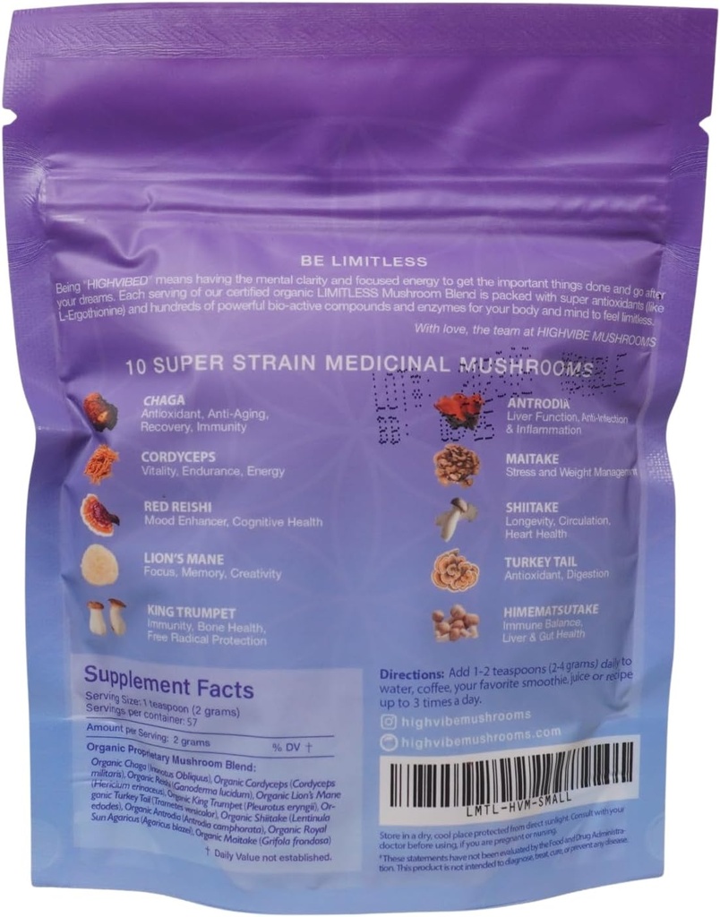 Highvibe Mushrooms Limitless Mushroom אבקת 10in-1 Mushroom, Full Spectrum Mycelium and Fruiting Body, אורגני, טבעוני, כשר, GF, Focused Energy