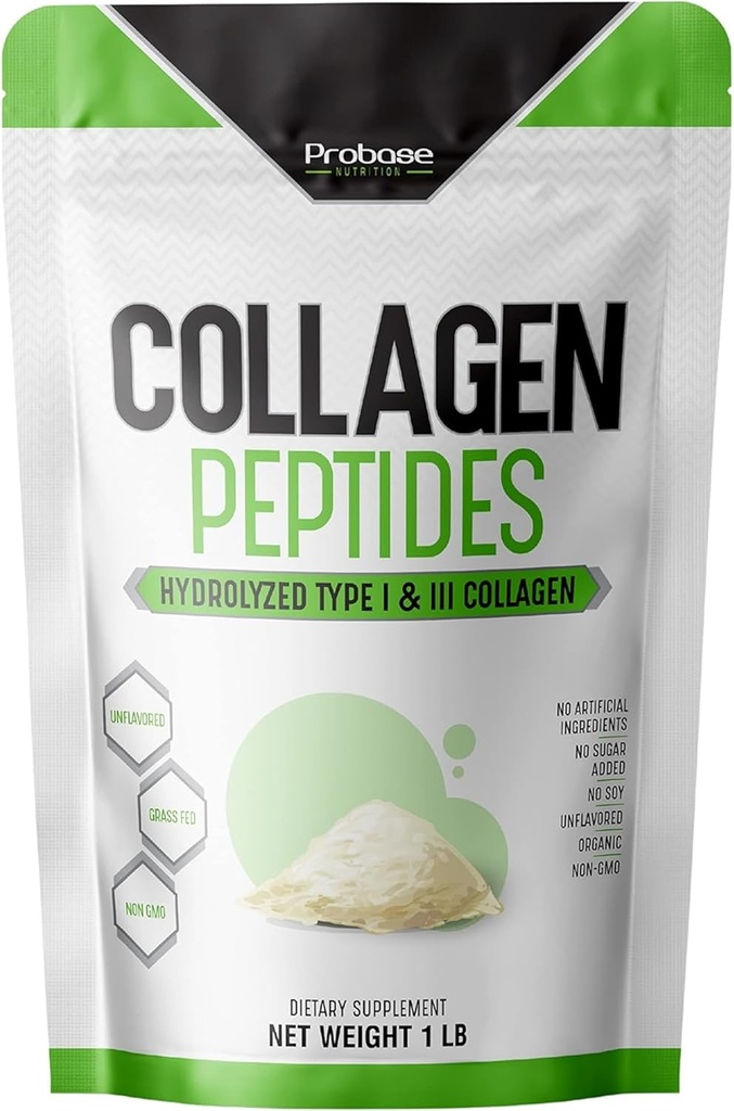 Probase Nutrition Collagen Peptides אבקת (Type I, III) עבור Skin Hair Nail Joint, hydrolyzed for Better Collagen Absorption, Non-GMO מאומת, Keto Friendly ו Gluten Free, White, 16 Oz