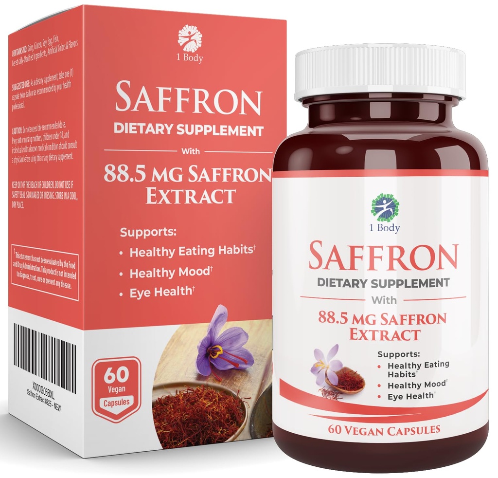 1 גוף Saffron לחלץ תוסף, 88.5 מ"ג ספארל, אנטי-חמצן ותמיכה Mood, קפסולות צמחוניות