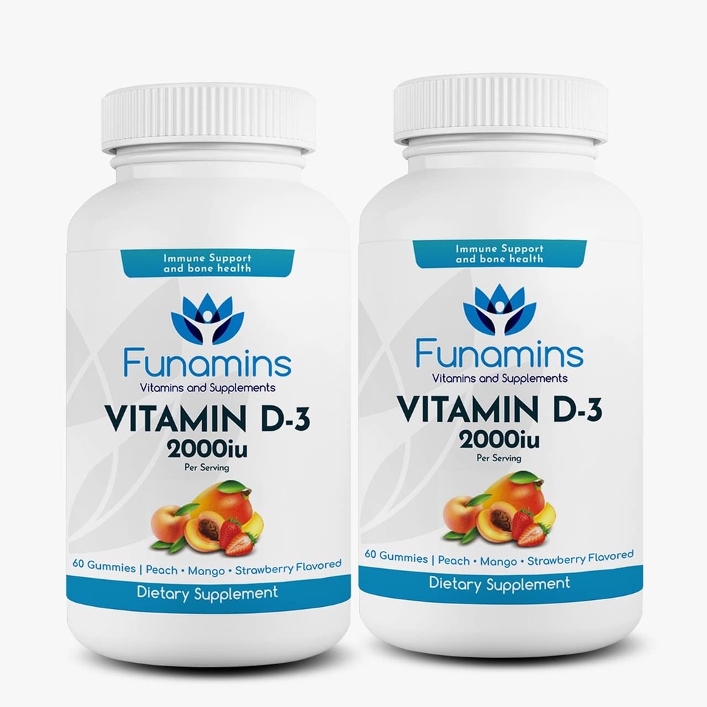 ויטמין D3 Gummies, 2-Pack, 60 Count כל, 2000o לכל משרת, תומך מערכת החיסון ובריאות העצם; עבור ילדים ומבוגרים; Peach, מנגו, Strawberry Flavors