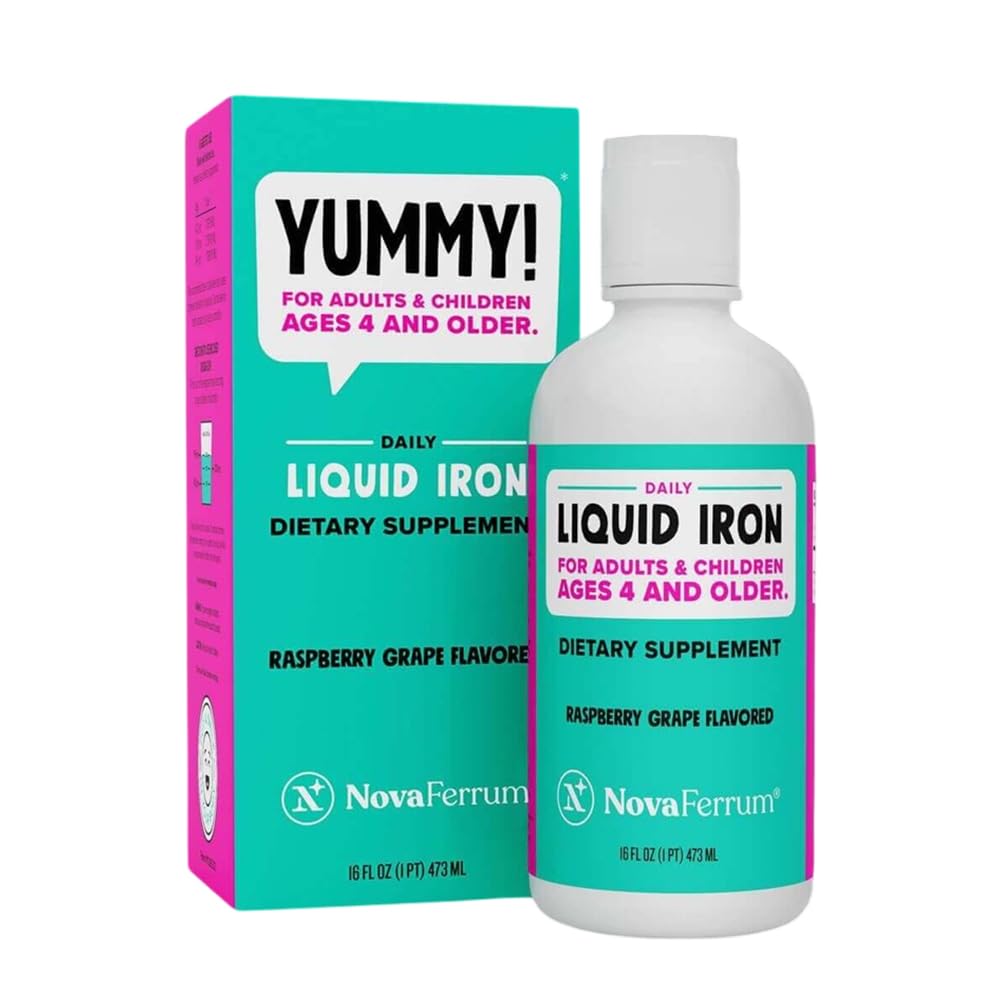 נובהFerrum Yummy 16 Fl Oz | תוספת ברזל נוזלית עבור ימי הביניים 4 & Up | 18mg of Iron / Tbsp | Gluten Free | Sugar-Free | Raspberry Grape