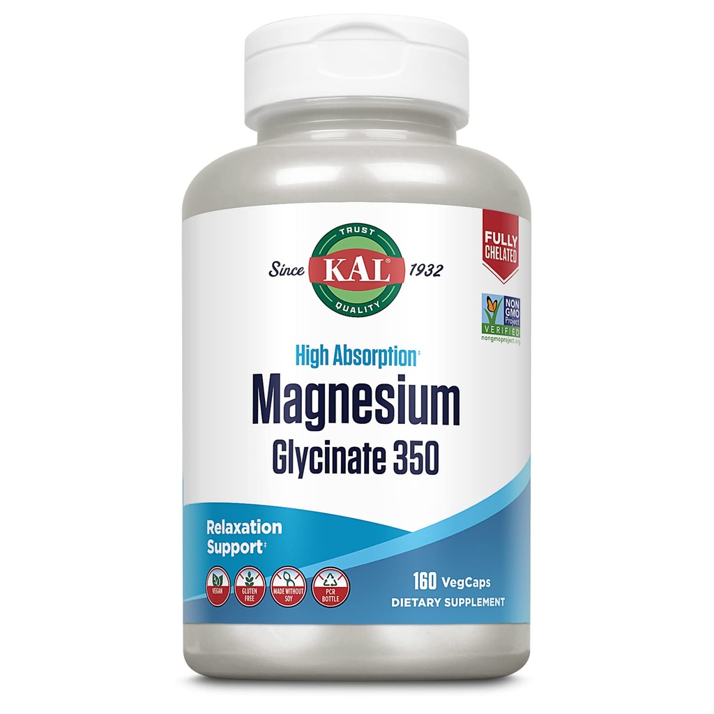 KAL Magnesium Glycinate קפסולות, Fully Chelated Magnesium Bisglycinate, High Absorption Magnesium תוסף, עצמות בריאות, שרירים, הקלה ותמיכה מתח, non-GMO 160 ספירה
