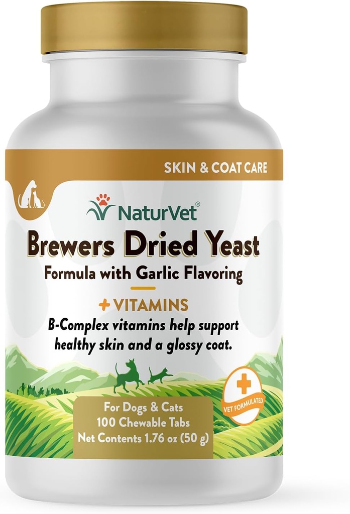 NaturVet Brewers Dried Yeast פורמולה עם Garlic Flavoring Plus ויטמינים לכלבים וחתולים, טבליות Chewable, Made in the USA with Globally Source Ingredients 100 Count