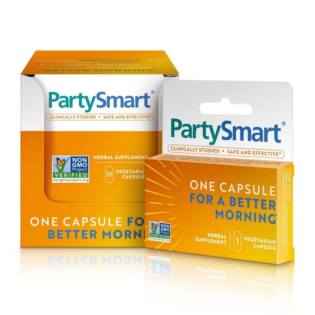 חברת ההימלאיה PartySmart, 10 קפסולות בודדות - תמיכה ב- Alcohol Breakdown Liver עבור בוקר טוב יותר לאחר שתייה - Plant Based, Plant Based, Vegan, non-GMO, Gluten Free, Clinically Stuated