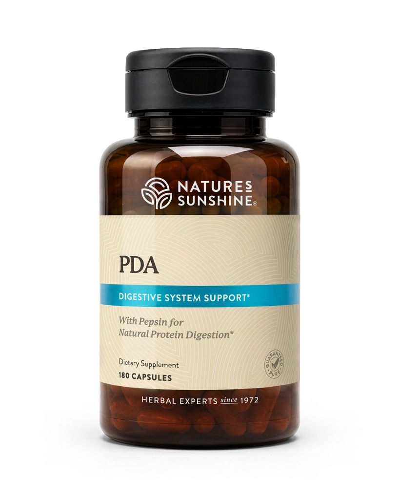 מזג השמש של הטבע PDA שילוב, 180 קפסולות | תוספי Acid hydrochloric ו-Ppsin המסייעים לשבור חלבונים בטריקט העיכול