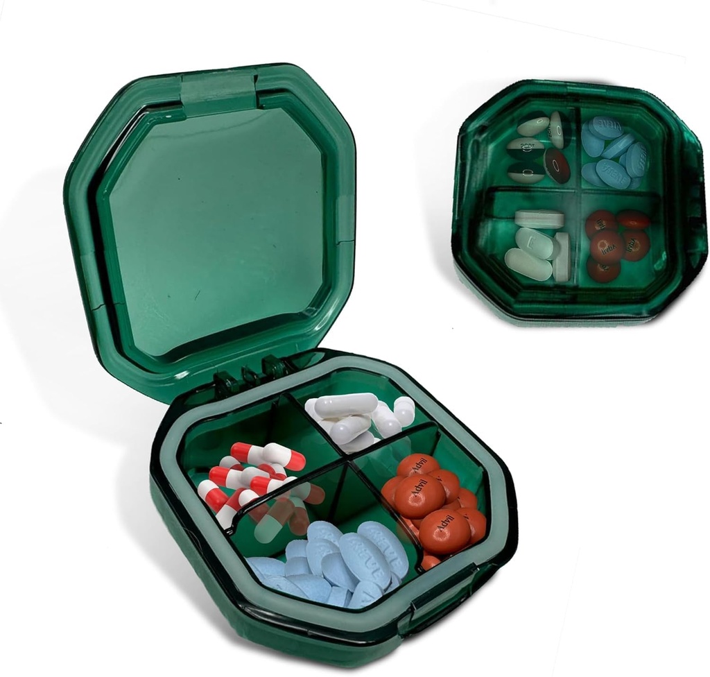 חברת Travel Pill Organer - Durable, Watertight Pill Case Travel Size עם 4 השוואתיות - קומפקטית גלולת נסיעות עבור ויטמינים, תוספים, תרופות - Travel Pill Container for Purse (Green)