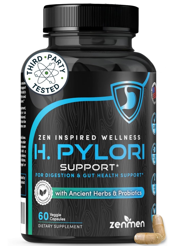 Zenmen H. Pylori Support | Lactobacillus Reuteri Probiotic with Mastic Gum for Digest and GI Health - צד שלישי נבדק, 60 קפסולות טבעוניות, המיוצר בארצות הברית