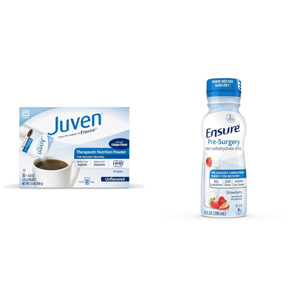 Juven Nutrition שתי אבקת מיקס עבור תמיכה הריפוי Wound, כולל חלבון קולג'ן, Unflavored, 30 Count & Secure Carbohydrate לשתות, Strawberry, 10 Fl Oz (Pack of 4)