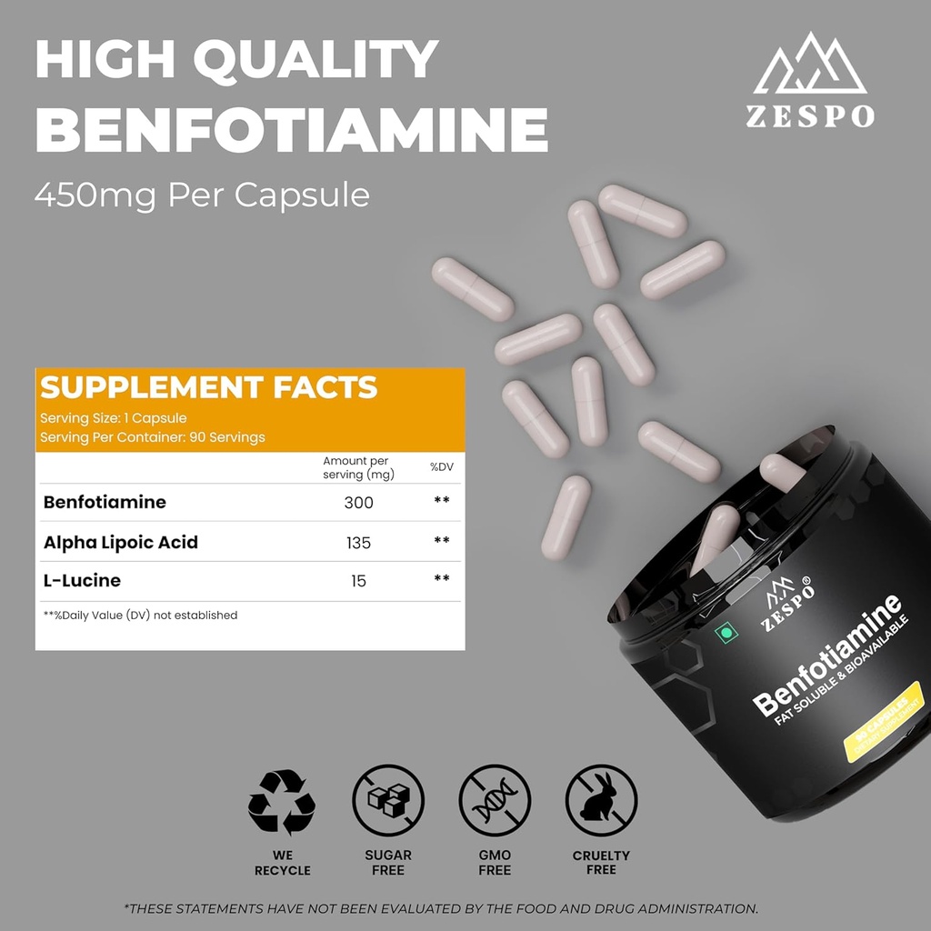 Benfotiamine 450 מ"ג - 90 קפסולות, Supports בריאות סלולרי עם Alpha Lipoic Acid & L-Leucine, Daily Nutritional & Wellness Formula
