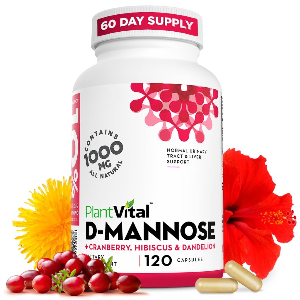 Plantvital D Mannose כמוסות עם Cranberry - D-mannose 1000 מ"ג קפסולות - עוצמה גבוהה עבור Bladder, Kidney ו Urinary Tract תמיכה. אבקת קריין עם Hibiscus ו Dandelion. 2 חודשים אספקה