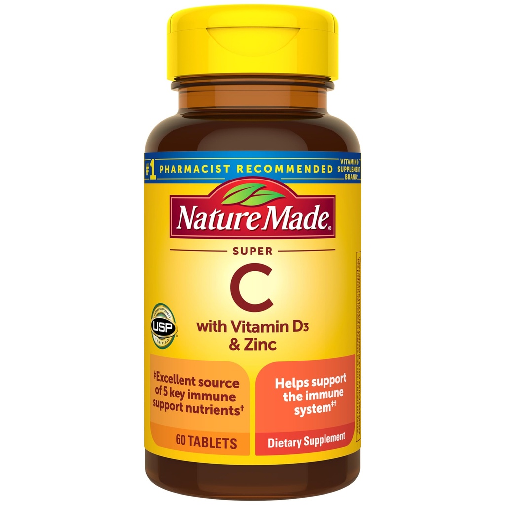 Nature Made Super C, ויטמין C ו- Zinc עם ויטמין D3, תוספת תזונתית לתמיכה ב- Immune, 60 טבליות, 60 יום אספקה