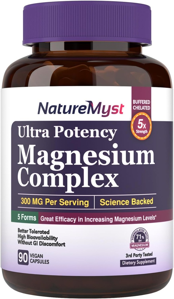 Magnesium Complex, 300 מ"ג מגנזיום Elemental Magnesium, Glycinate, Citrate, Malate, High Potency, Best Absorption, forשרירים, Nerve, Heart, Sleep, Constipation & More, 90 טבעוני קפלס