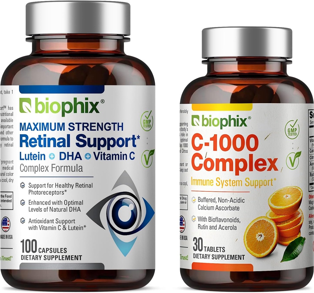 Biophix Retinal Support מקסימום כוח מורכב פורמולה 100 קפסולות - חינם C-1000 30 טבליות - Znc ויטמין C E Lutein DHA אומגה 3 Astaxanthin Hyaluronic Acid - תמיכה ב- Eye Vision Health