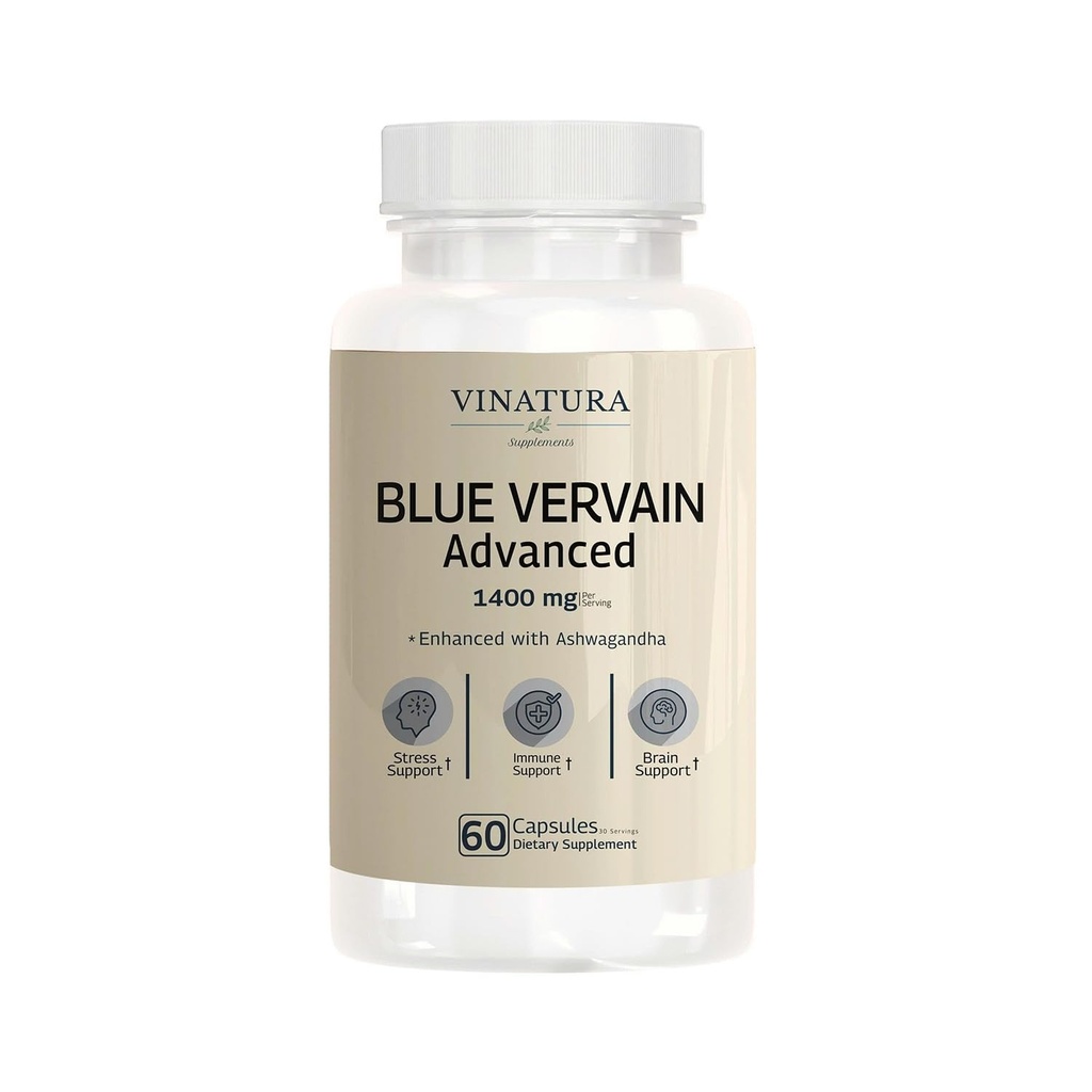 VINATURA Blue Vervain מתקדם עם Ashwagandha - 1400mg per serv, Blue Vervain קפסולות, Blue Vervain Tea אלטרנטיבי, Brain Health, Stress Relief, Ashwagandha תוספי - 60 קפסולות