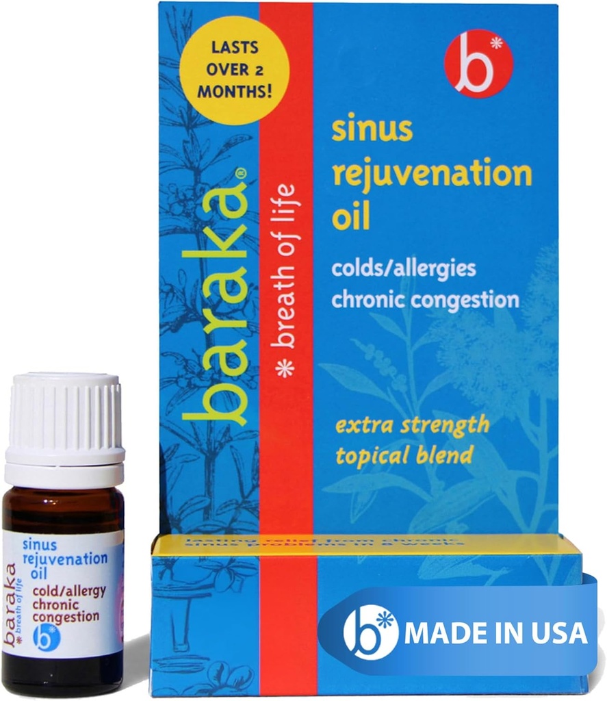 ברקה Sinus Rejuvenation Oil - תערובת של 6 שמנים חיוניים אורגניים עבור Clear Nasal Breathing, Eases Sinus לחץ, ומציע להרגיע את התמיכה הבריאותית של נסל; אידיאלי לשימוש יומיומי - 4 מ"ל (1-Pack)