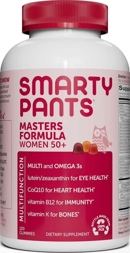 SmartyPants Multivitamin Gummy לנשים 50 ומעלה: אומגה 3 שמן דגים (EPA / DHA), Methylfolate, CoQ10, ויטמין D3, C, ויטמין B12, B6, A, K & Zinc, Biotin, Gluten חינם, 120 (30 יום אספקה)