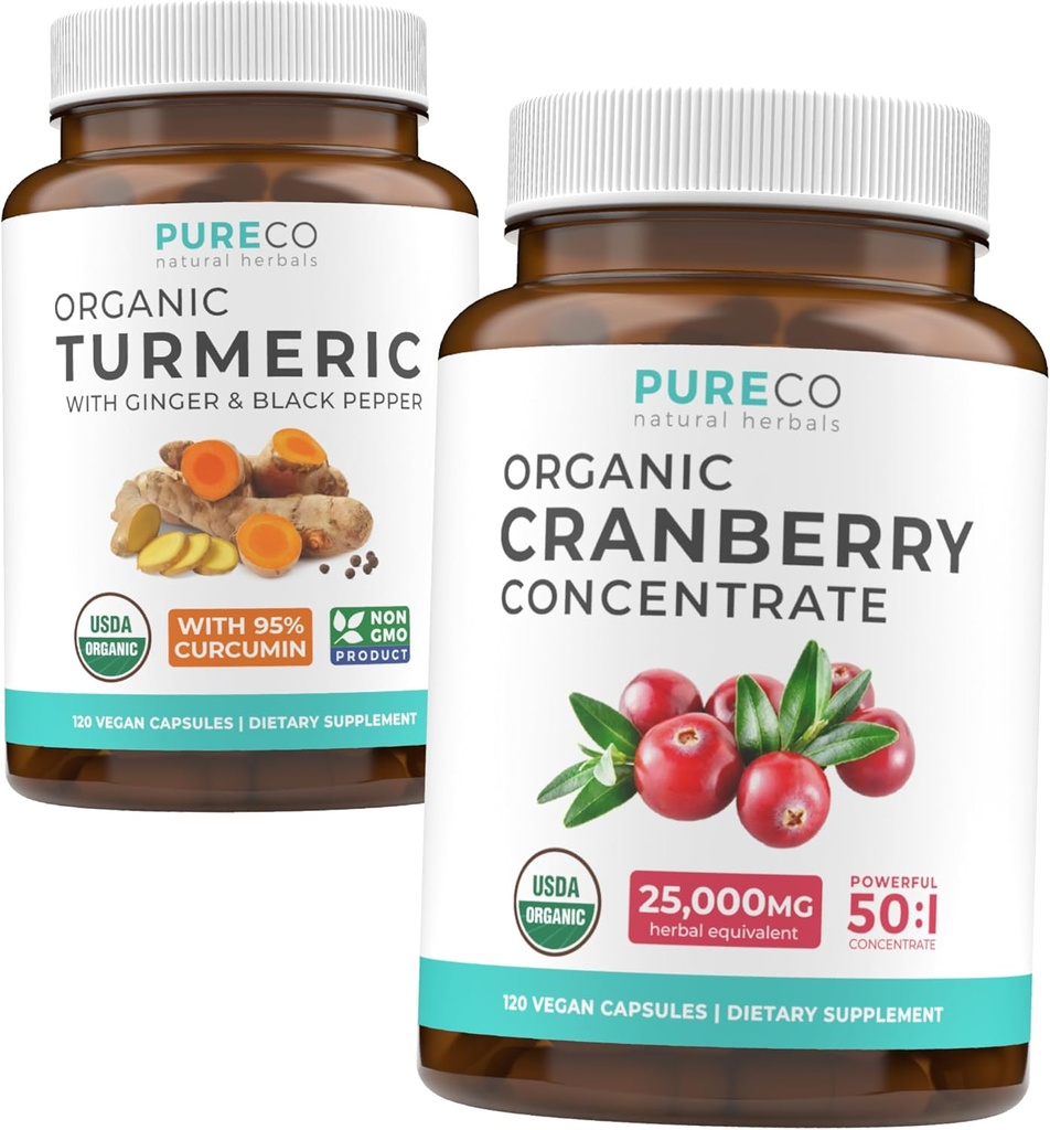 Turmeric & Cranberry Concentrate (4-Month Supply) Cranberry Curcumin Bundle של כורכום Turmeric אורגני עם Black Pepper & ג'ינג'ר (120 Caps) ו- קריין אורגני ריכוז 50:1 (120 Caps)