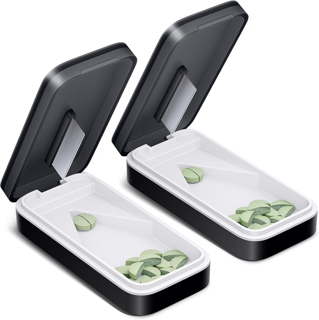 One PIX Pill Cutter 2 Pack, Pill Splitter with Stainless Steel Blade, Pill Cutter Splitter for Small and Tiny Pills with V-Shaped Design, Pill Cutters for Small or Large Pills Professional (Black 01)