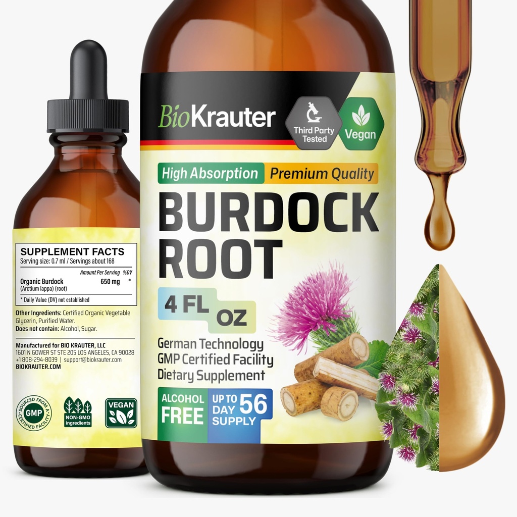 BIO KRAUTER Burdock Root Tincture - Antioxidant Support Liquid Supplement - Burdock Root Extract - אלכוהול וסוכר חינם - טיפות 4 Fl.Oz.