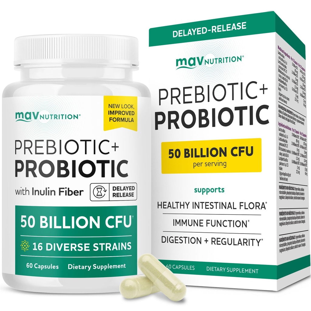 Prebiotics ו Probiotics for Women & Men | Pre and Probiotics for Gut Health & Bloating Relief | Synbiotic with 20 מיליארד CFU Lactobacillus & Bifido חיידק | Shelf-Stable | Vegetarian | 60 Ct.