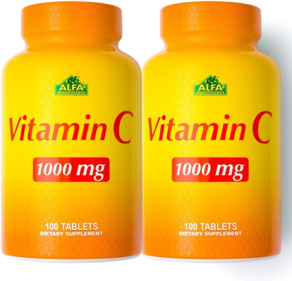 ALFA VITAMINS ויטמין C תוסף 1000 מ"ג, Powerful Antioxidant for Immune Support & Healthy Skin, מקדם תצורת קולגן, תוספת תזונתית עבור Daily Wellness, 100 טבליות, 2 Pack בקבוק