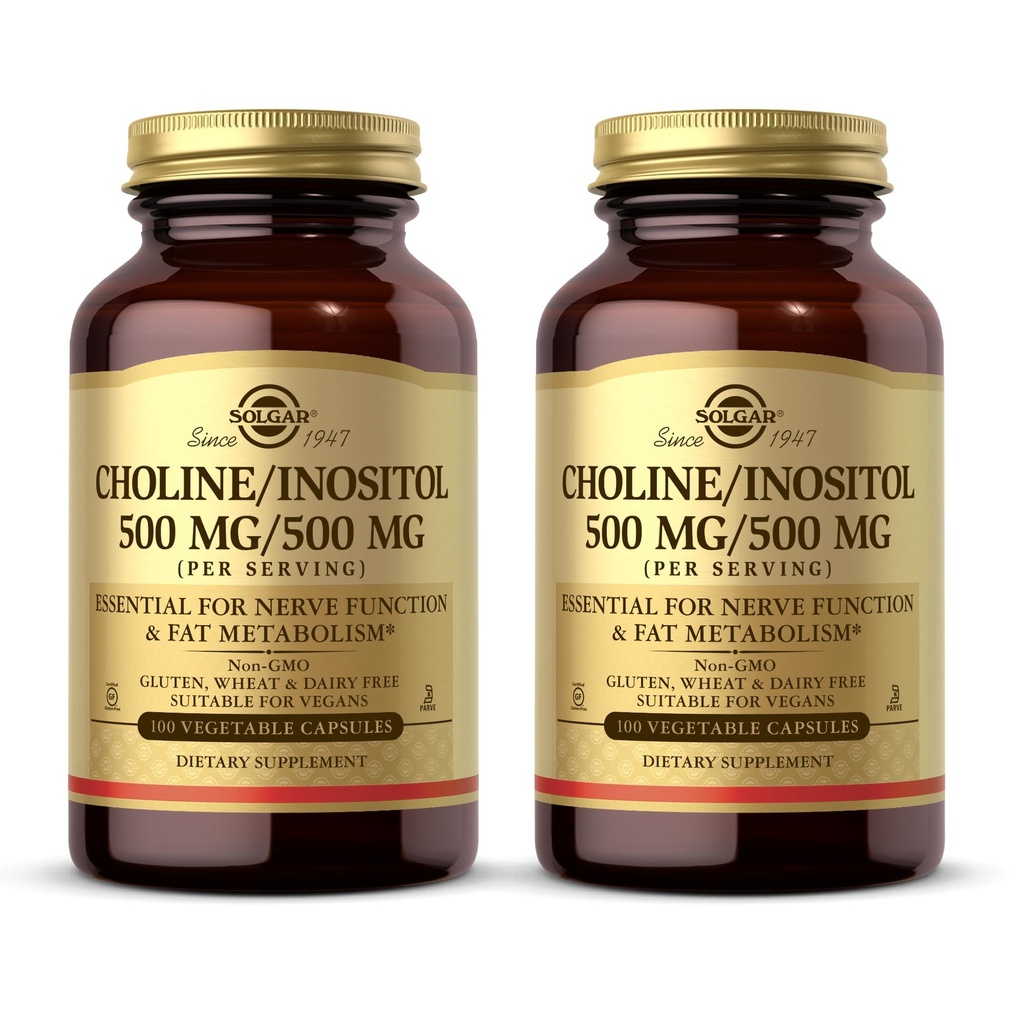 Solgar Choline / Inositol 500 מ"ג / 500 מ"ג, 100 קפסולות ירקות (Pack of 2) - אנרגיה metabolism, Liver Health, Essential for Brain & Nerve Function - Non-GMO, טבעוני, כשר - 100 משרתים מוחלטים