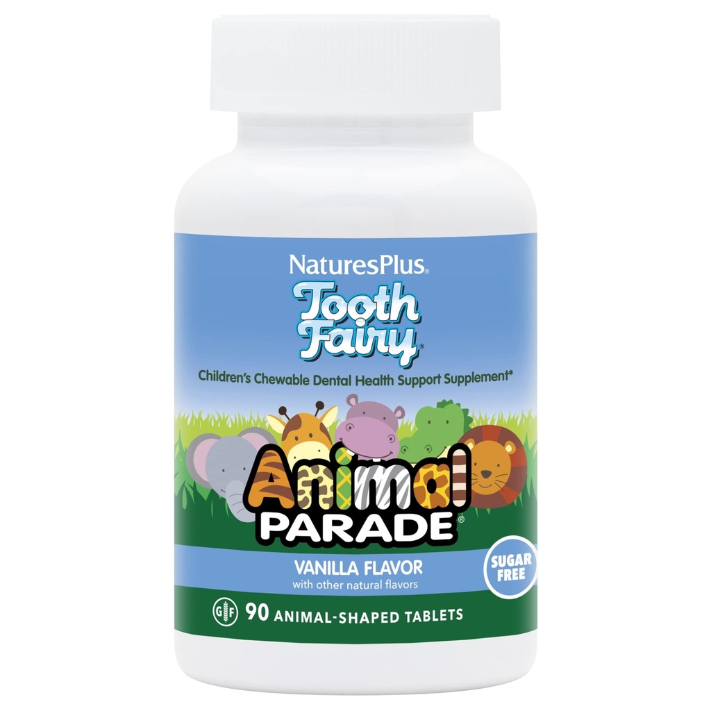 Natures Plus Animal Parade Tooth Fairy Children's Chewables - Natural Vanilla Flavor - 90 Animal-Shaped Tablets - תוספי בריאות שיניים - Vegetarian, Gluten Free - 45 משרתים