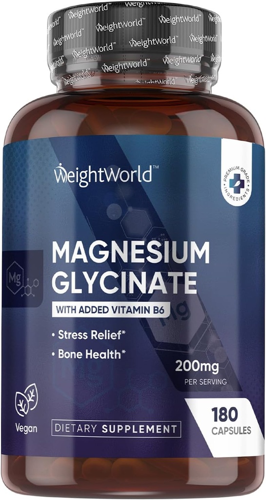 משקל עולמי Magnesium Glycinate קפסולות 200 מ"ג - 180 קפסולות (3 חודשים) עם ויטמין B6 - תוספי מגנזיום Glycinate - צד שלישי נבדק, טבעוני, non-GMO, ו- Allergen-Free free Magnesium Glycinate תוספי