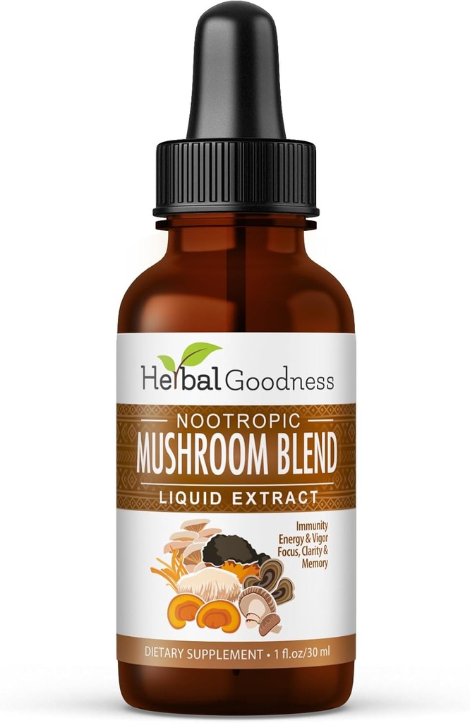 Nootropic 8-in-1 Mushroom לחלץ נוזל - 1 fl. ozבק | Lion's Mane, Reishi, טורקיה Tail, Cordyceps, Chaga, Maitake, Shiitake & Oyster Mushroom Tincture | Immune Support & Cognitive Function