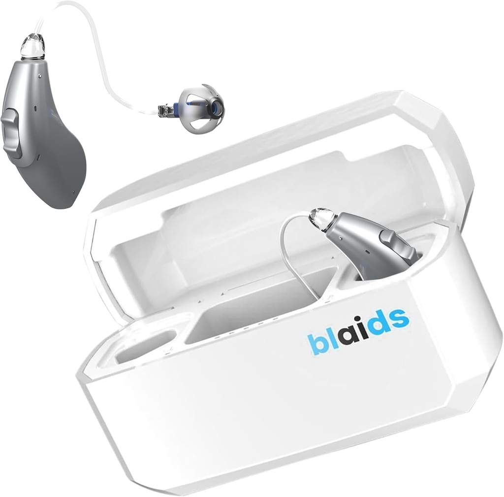 Blaidsx Neuro Rechargeable RIC + אישור שמיעה עבור מבוגרים עם Mobile App Hearing Test & Noise ביטול, הודעות שמיעה עבור מבוגרים, כפול Mic & 96 DSP ערוצים. USA-Made Processor