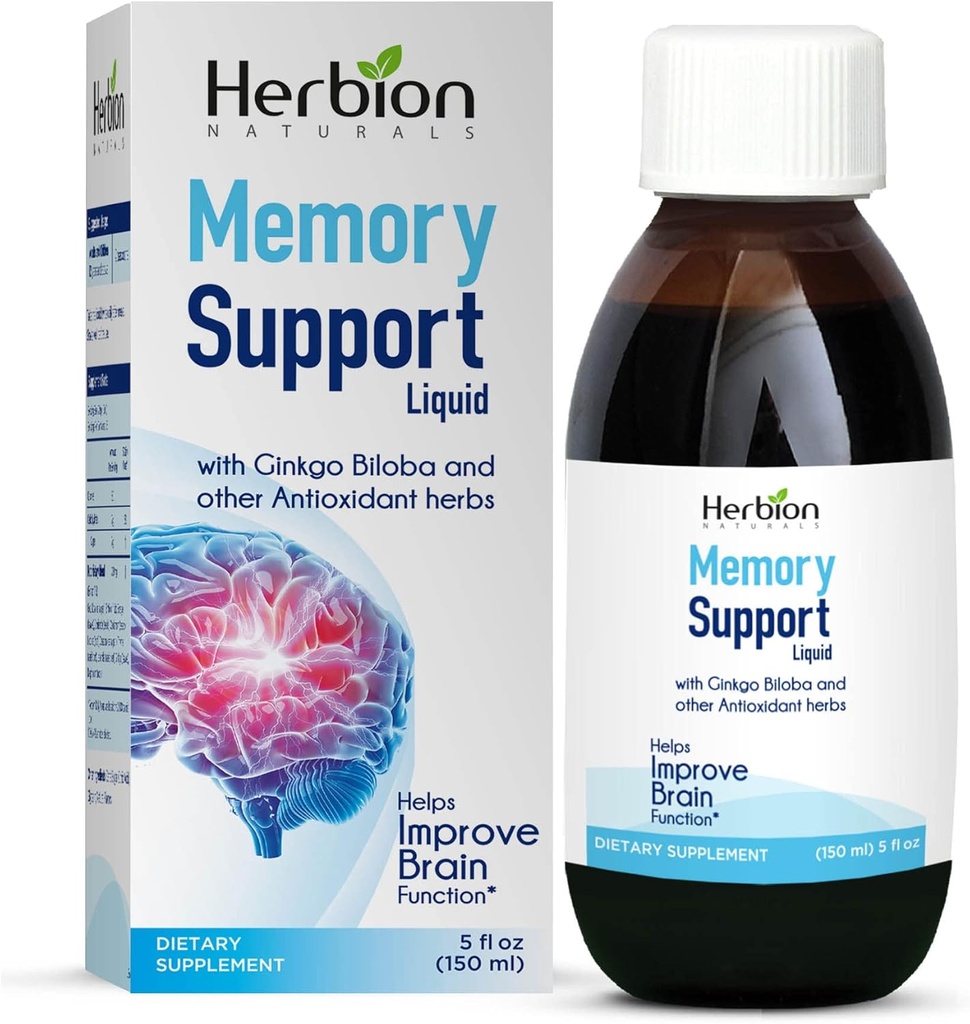 HERBION Naturals Memory Support Liquid - מסייע לשפר את תפקוד המוח ואת המוחות, לשמור על רמות בריאות של Mood עם גינקו בילובה, מבוגרים וילדים מעל 12 שנים, 5 oz, 150 מ"ל
