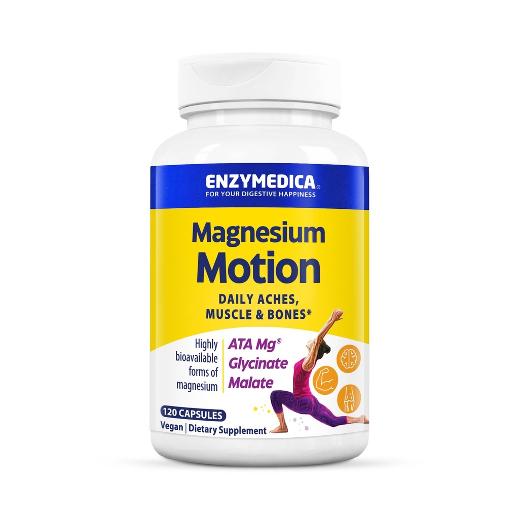 Enzymedica, Magnesium Motion עם 3 טפסים של מגנזיום, ATA Mg, Glycinate, Malate, Soothes Occasional Aches, תומך עצמות ושרירים, 120 קפסולות
