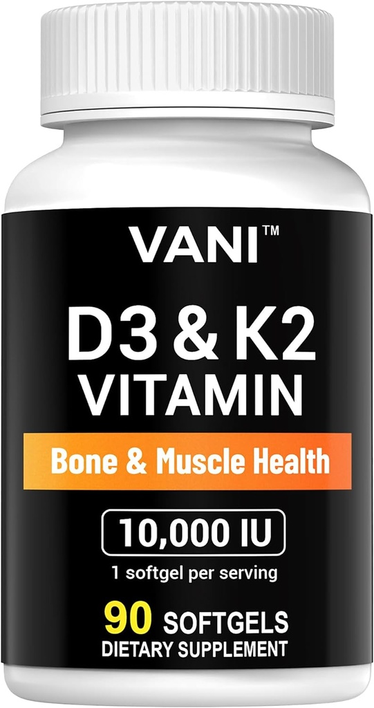 ויטמין VANI D3 (10000o / 250mcg) + K2 (כמו Mk7), עבור עצמות ושרירים ובריאות שיניים, 90 SOFTGELS