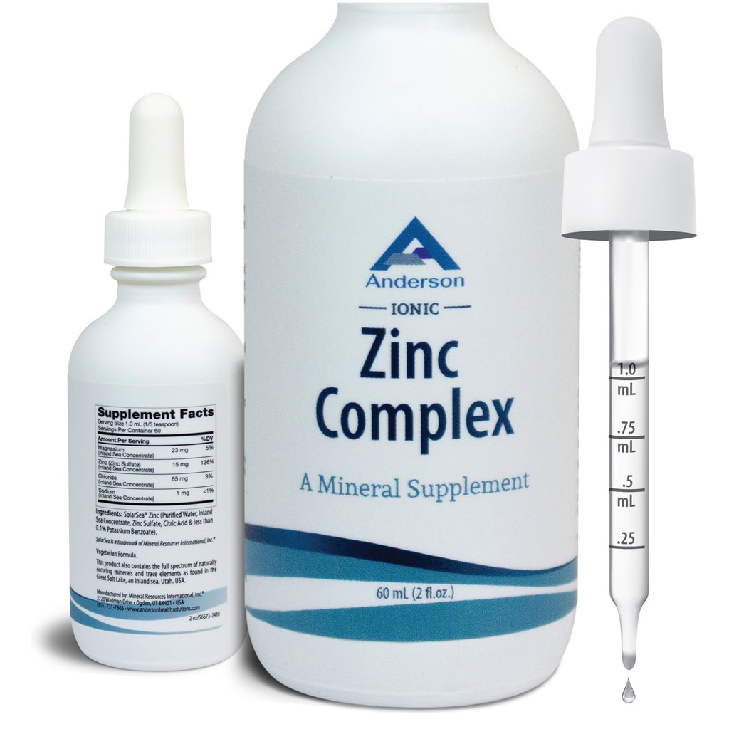 אנדרסון Ionic Zinc Complex, טיפות נוזליות עבור תמיכת Immune, 15 מ"ג Zinc Sulfate לכל המשרת, מאזן תוספת דיאטנית מינרלים עבור נשים, גברים, 60 משרתים, 2oz בקבוק