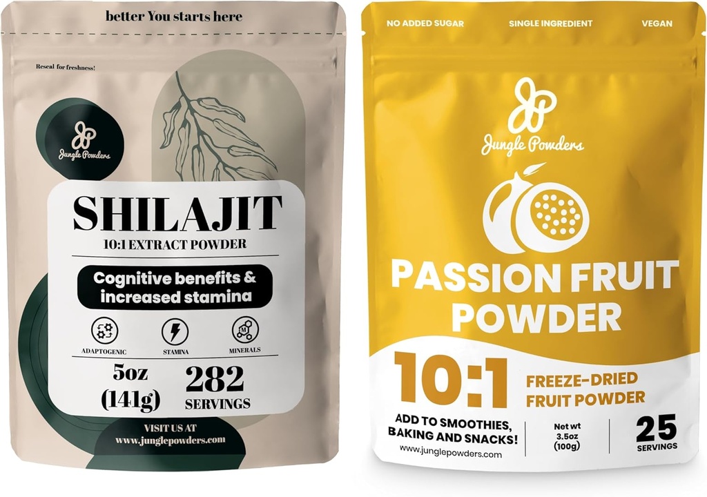 אבקת ג'ונגל Premium Duo: 5oz Raw Shilajit & 3.5oz תשוקה אבקה פירות - תמיכה באנרגיה של גברים, Immune Boost, עם Freeze Dried תשוקה אבקת פירות עבור Baking, Smoothies, Additive-Free Extraction